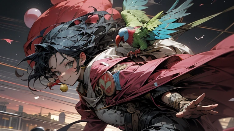 anime style,masterpiece,best quality,super detailed, super fine illustration, highly detailed, dynamic angle,dynamic scene, beautiful detailed, 8k, In the night サーカス, BREAK colorful parrots and parakeets are flying in the sky or perching on clownの肩.clown,perfect face,perfect hands,smile,holding_balloon