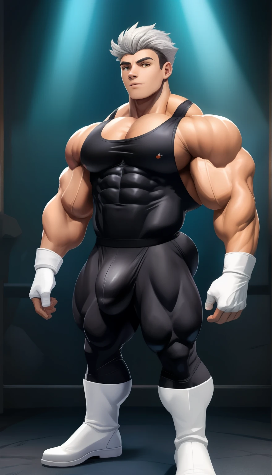 A ( face) 15 year old teen (15 yearsttractive boy, standing, full body. Mexican ethnicity. tanned skin, silver white hair, short hair bangs that fall on both sides of his youthful face. carefree expression, young man, alone, marked muscles, beautiful musculature, aesthetic stretch marks, inspiring physique, slender muscles, square pecs, beautiful V-cone, excellent abs and torso, chiseled abs, pectorals chiseled, perfect massive muscles, inflated muscles, voluminous pectorals, massive muscular body, a huge gigantic chest with a narrow waist, huge shoulders, ridiculously well-shaped large pecs, eight chiseled abs, (very toned and huge) with his military haircut and voluminous neck, narrow waist, golden eyes, young face, beautiful, young. Teen muscular young builder with extraordinary and firm back, chiseled muscles, rhomboid muscles, latissimus dorsi. Gigachad. he wears a Use Vegeta's training suit. A tight one-piece suit from the neck to the ankles, black in color, the suit has no sleeves, it does not use a belt. The black shirt and pants are a single piece of clothing, the shirt has a U neck, has no sleeves and highlights his prominent abdominals and pectorals. (((Sleeveless shirt))) He doesn't wear a belt. His muscles stand out. He wears white gloves on his hands, and white boots. Ruins of a Jedi temple with forest background. standing, full body. Bulge in the crotch. (((Back))) huge firm muscular thighs, round buttocks and round butt with back, huge ass ((firm buttocks)) with big booty. (((black clothes))) (((white gloves))) (((white boots))). (((Sleeveless shirt))).