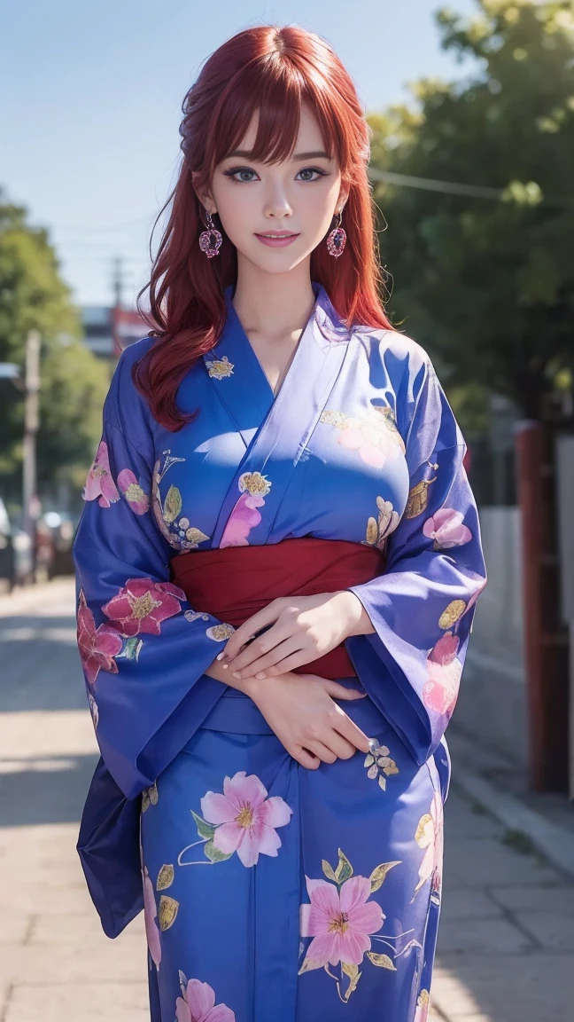 (((highest quality)), (super detailed), 1 girl, (iridescent hair, colorful hair, red hair: 1.2), , (sexy yukata: 1.2), outdoor, bangs, smile, sky blue eyes, perfect hands, perfect hands, hand details, corrected fingers. Earrings, Night Store + Background, looking_at_viewer, Top Quality, Rich Detail, Perfect Image Quality, big breasts, slender body, Cowboy Shot, (masterpiece), masterpiece, super detail, high details, highres, 16k