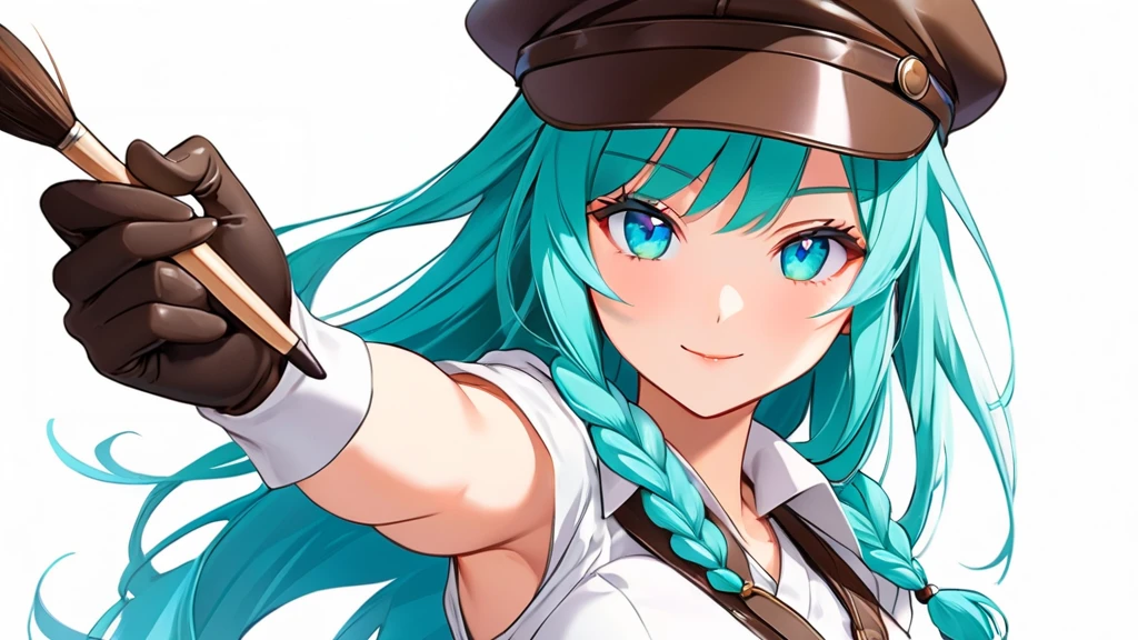 Female, woman, mature, Beautiful, Humble, Kind, long hair upper waist Stright Braided Hairstyles, Aqua blue pupil eyes colour, bright cyan Hairs, leather white wear Newsboy Cap, white dress flowing with skirt, wear leather white female gloves, holding small brush, Anime style, vivid colours, (White backgrounds:1.1), Correct the number of fingers.