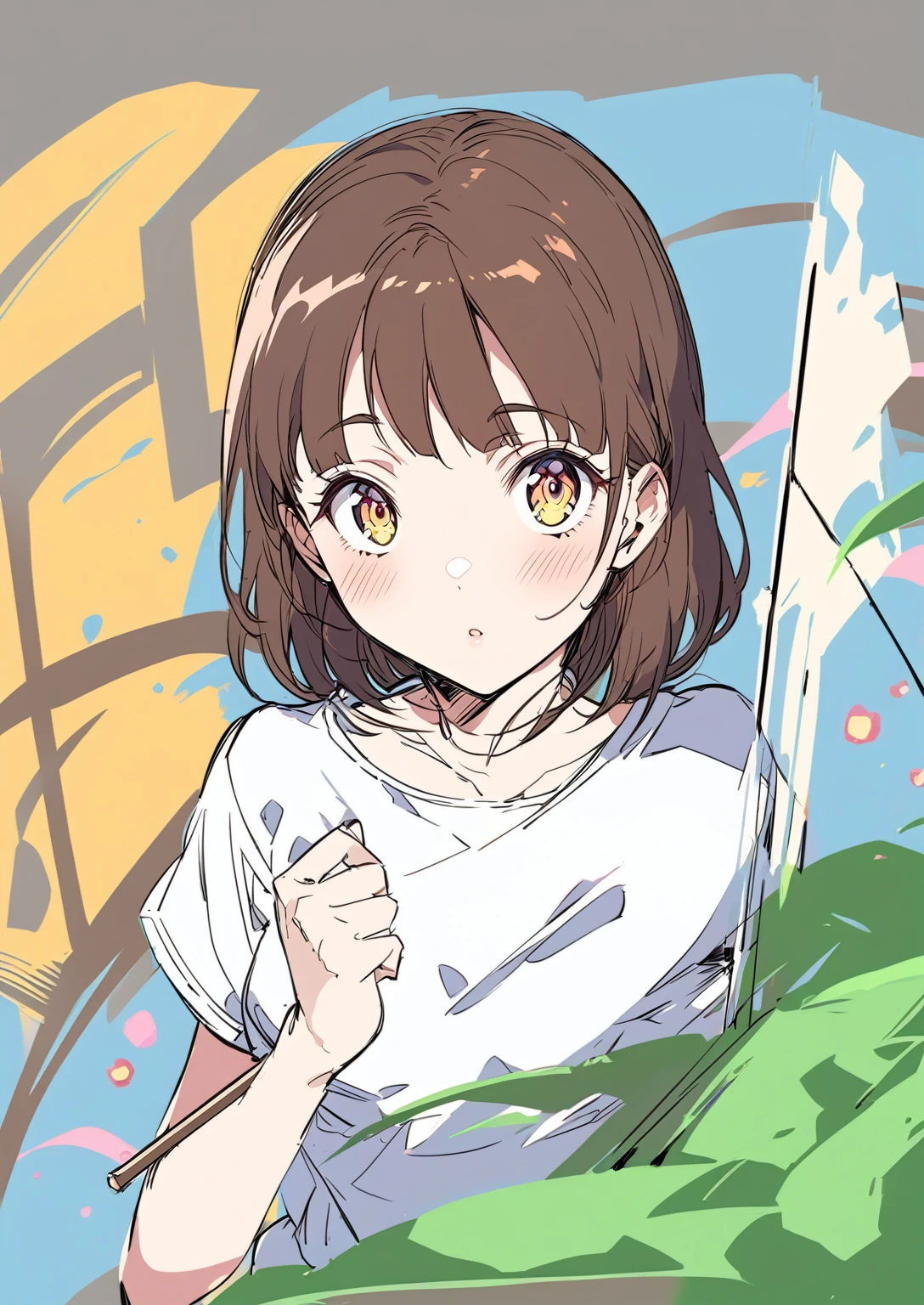 (masterpiece, best quality),anime girl with brown hair and white shirt holding a stick, anime moe artstyle, in an anime style, anime style portrait, in anime style, chihiro! fujisaki, flat anime style shading, subtle anime style, 🤤 girl portrait, iwakura lain, sayori, semirealistic anime style, anime artstyle, by Kamagurka