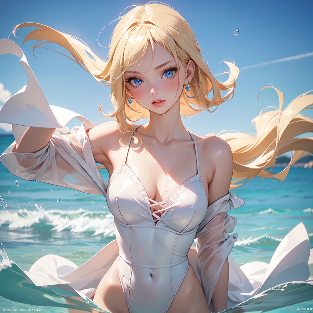 1girl, solo, elegant hair (upper body: 1.1), (side at the viewer: 1.1),Piped Splice Wide Strap One Piece Swimsuit , filmg , sweet_ta, Best quality, masterpiece, blond hair, blue eyes, Exquisite mouth,Very detailed face, blush, Shiny wet skin, Pink lips, Delicate lips, beach background, splashing in the water