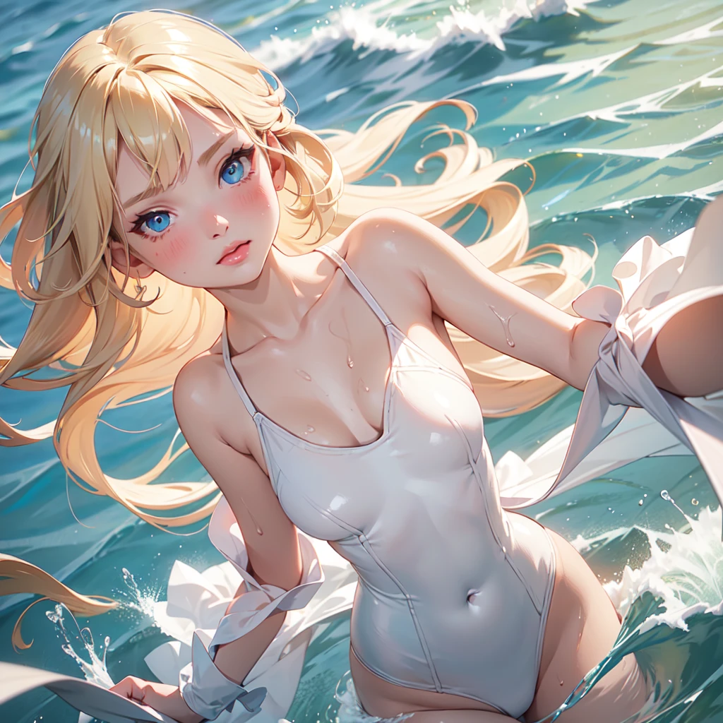 1girl, solo, elegant hair (upper body: 1.1), (side at the viewer: 1.1),Piped Splice Wide Strap One Piece Swimsuit , filmg , sweet_ta, Best quality, masterpiece, blond hair, blue eyes, Exquisite mouth,Very detailed face, blush, Shiny wet skin, Pink lips, Delicate lips, beach background, splashing in the water