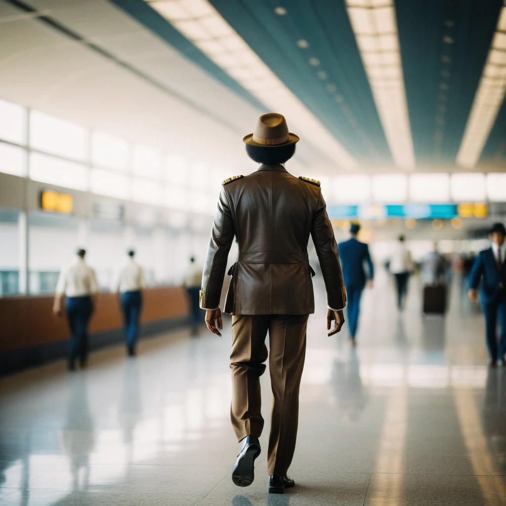 back shot of an Afro-American man in his thirties, wearing an airline pilot's suit and hat, reminiscent of the 1970s fashion, is walking through an airport, Capture the essence of 1970s Motown era, (gaussian blur:1.1) (high key photo masterpiece:1.2) raw photo, (film grain:1.3), depth field, bokeh, Best quality, masterpiece, ultra high res, (photorealistic:1.4), (smooth light:1.4), photorealistic, cinematic lighting, volumetric lighting, highly detailed and intricate