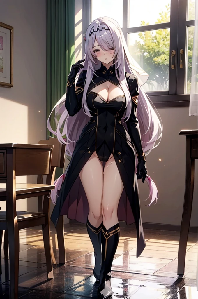 Highest quality, Beautiful and exquisite body,fine grain,classroom,Table Sex,Groin friction,Masturbation,A puddle of pussy juice,From below,Moaning,close your eyes,Open your mouth,horn, tiara, Veil, Black bodysuit, Pauldrons, Long sleeve, Cleavage cutout, Black gloves, Black overskirt, Black trousers,Show me your boots,leotard,elegant, 1 Girl, cute, Blushed, Looking at the audience, Beautiful Eyes, Beautiful background, Particles of light, Light of the sun, Dramatic lighting, outside, Shiny, Realistic, Highest quality, Very detailed, Get used to it, scenery, Beautiful and detailed, Thin Hair,Full Body Shot,