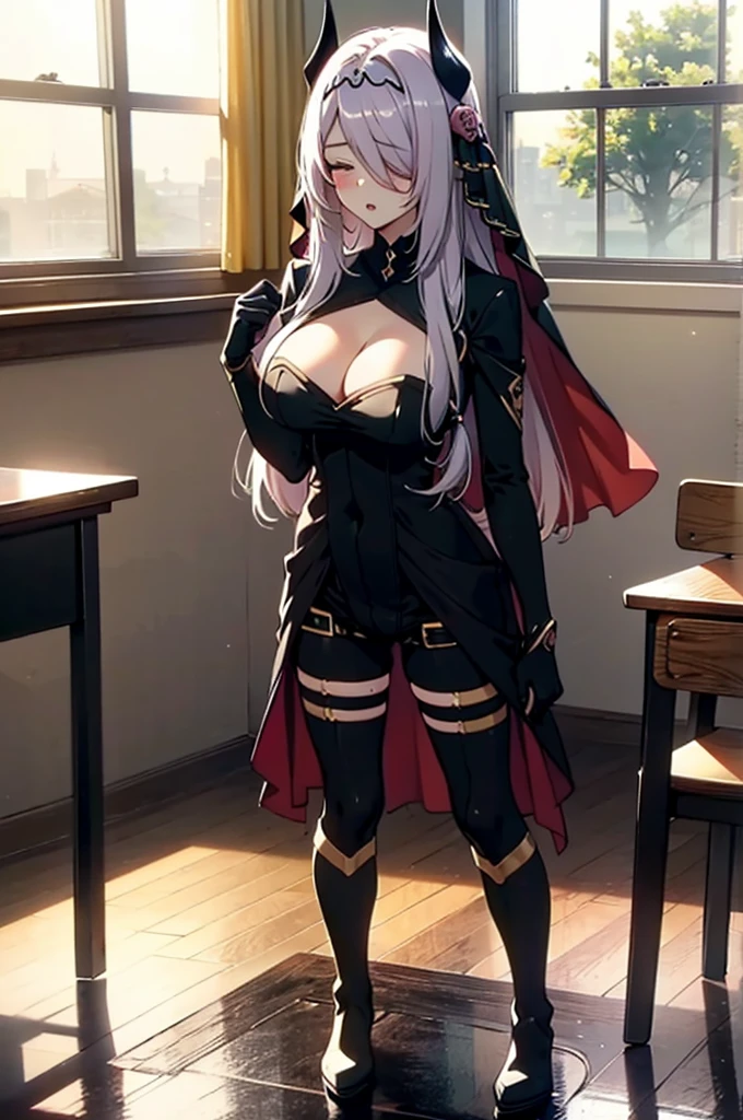 Highest quality, Beautiful and exquisite body,fine grain,classroom,Table Sex,Groin friction,Masturbation,A puddle of pussy juice,From below,Moaning,close your eyes,Open your mouth,horn, tiara, Veil, Black bodysuit, Pauldrons, Long sleeve, Cleavage cutout, Black gloves, Black overskirt, Black trousers,Show me your boots,leotard,elegant, 1 Girl, cute, Blushed, Looking at the audience, Beautiful Eyes, Beautiful background, Particles of light, Light of the sun, Dramatic lighting, outside, Shiny, Realistic, Highest quality, Very detailed, Get used to it, scenery, Beautiful and detailed, Thin Hair,Full Body Shot,