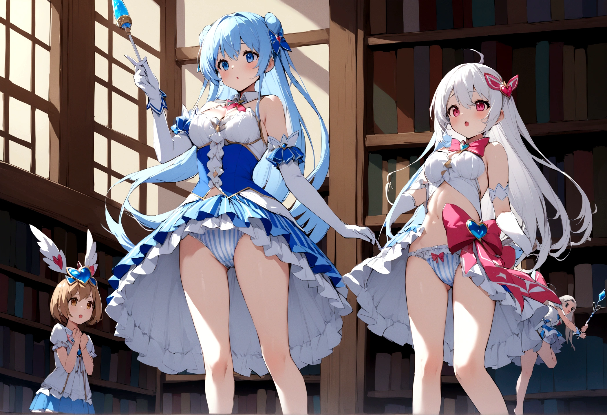 Plain white with emphasis on the chestTshirt、Ultramarine and white striped mini skirt、When you lift up her skirt you can see her cute white frilly underwear.、barefoot、library、Three girls of different heights Magical girl with magic wand