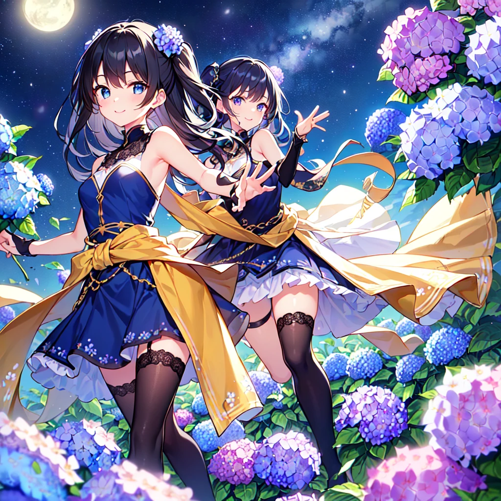 MASTERPIECE, best quality, high quality, extremely detailed, very delicate and beautiful, (1 female 18 years old, solo: 1.2), (dark blue hair long, two side up to waist: 1.4), fringes to eyebrows, eyes Sharp eyes, strong glossy glossy eyes, glossy eyebrows, (dark blue eye colour:1.3), 6.5 head height, (southern star floral print fashion:1.3), knee socks, frills, lace, (smiling), (running), (dynamic pose), (background hydrangea flower field:1.5), (Milky Way in the night sky:1.3).