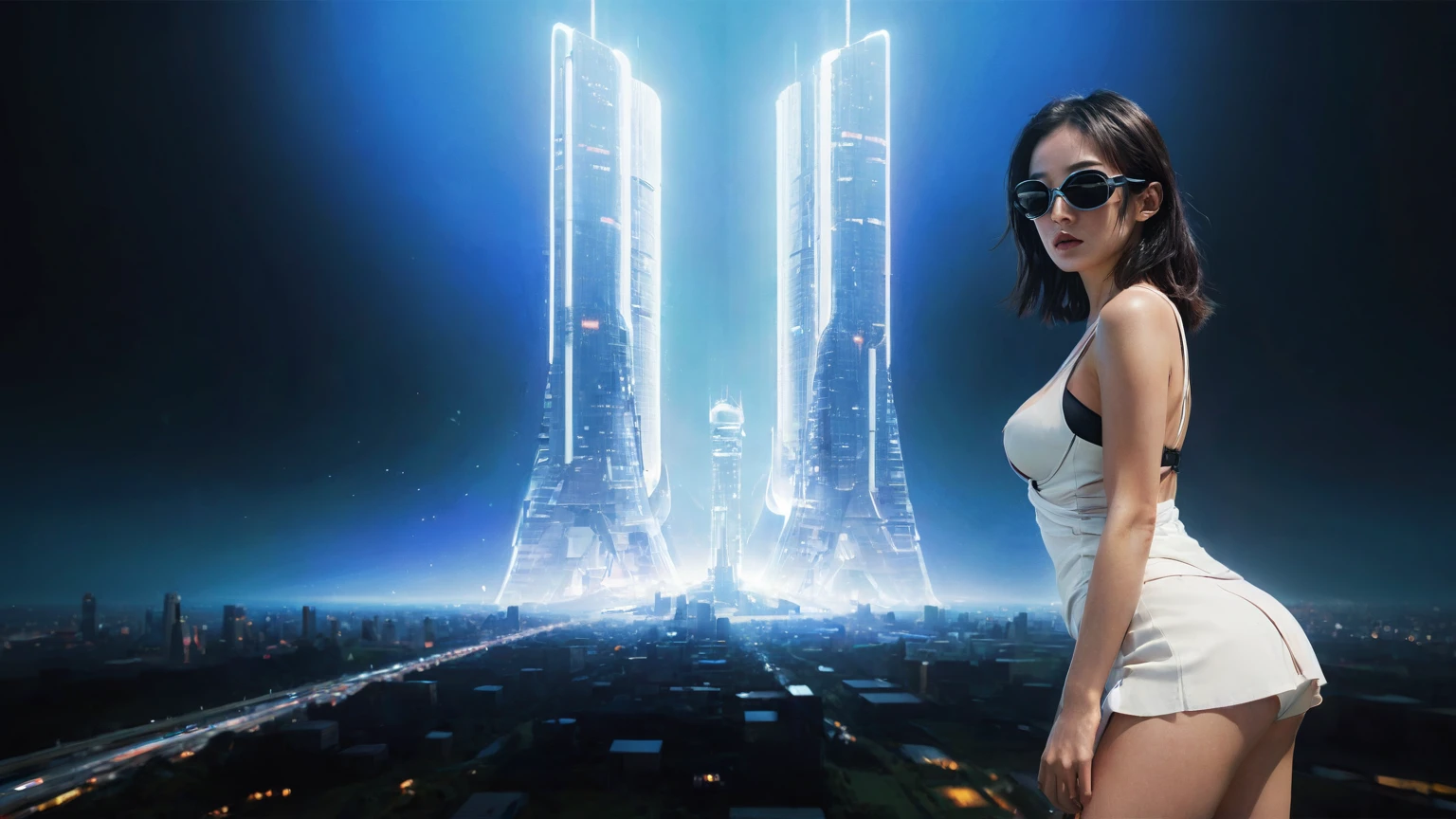 brightly colored abstract image of a space station with a spiral, epic beautiful space scifi, chaotic cinematic space rift, greg beeple, (((((flying cars, 1drone))))), planets colliding, beeple and tim hildebrandt, beeple and jean giraud, end of the universe, galaxy space sci-fi, ringworld, by Mike "Beeple" Winkelmann. Matrix style, (((((Matrix cascading code))))), (((((a futuristic twin tower skyscraper with a unique twisted design))))), (((((OLED GUI interfaces in the building))))), at night, (((((1girl, solo))))), photo realistic, (((large-breast:1.2 slim body, cleavage))), (((off broken mini sling-shirt and black sling bra, extreamly short pleated miniskirt exposing panty))), (((((running pose))))), (((((((matrix style black micro sunglasses))))))), ((((((((((aiming with a short gun)))))))))), (((((looking at camera))))), (((very low view))), (((((half-body thigh level medium shot))))), (((cinematic lighting))).