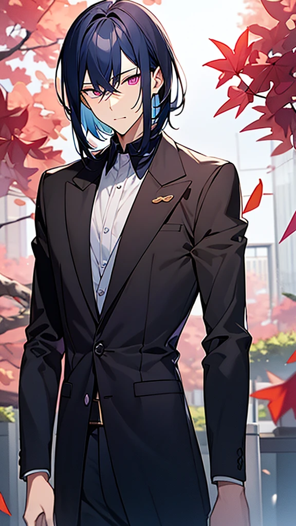1man-boy,dark blue hair long,best quality,masterpiece,extremley,pink eyes,male focus, Cold eyes, make a head hands, wink, ginkgo leaves in background.