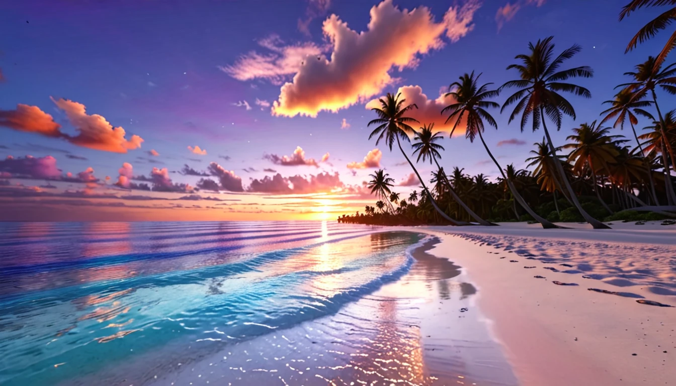 A beach with clear, bright blue water, soft white sand, beautiful coconut trees, a sunset sky with orange-red clouds and a setting sun, blending colors of blue, purple, orange, and red. ultra realistic, ultra clear, ultra detailed, ultra natural, ultra hd, ultra potrait, aesthetic, ultra sharp, pass angle.