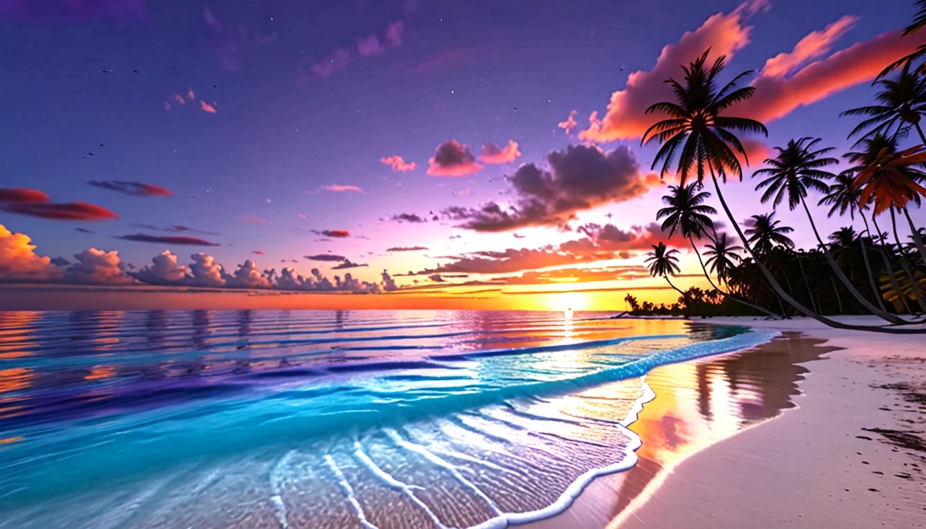 A beach with clear, bright blue water, soft white sand, beautiful coconut trees, a sunset sky with orange-red clouds and a setting sun, blending colors of blue, purple, orange, and red. ultra realistic, ultra clear, ultra detailed, ultra natural, ultra hd, ultra potrait, aesthetic, ultra sharp, pass angle.