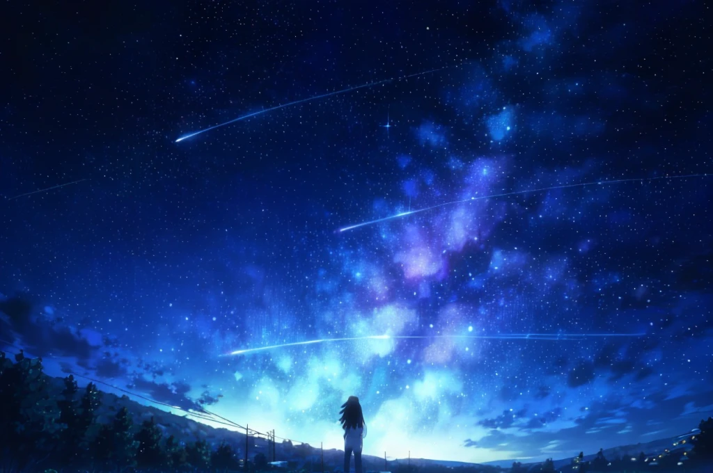 starry night sky with a person standing on a hill looking at the stars, cosmic skies. by makoto shinkai, star(sky) starry_sky, anime movie background, 4k anime wallpaper, starry sky 8 k, beautiful wallpaper, starry sky, amazing wallpaper, anime wallpaper 4k, anime wallpaper 4 k, makoto shinkai!