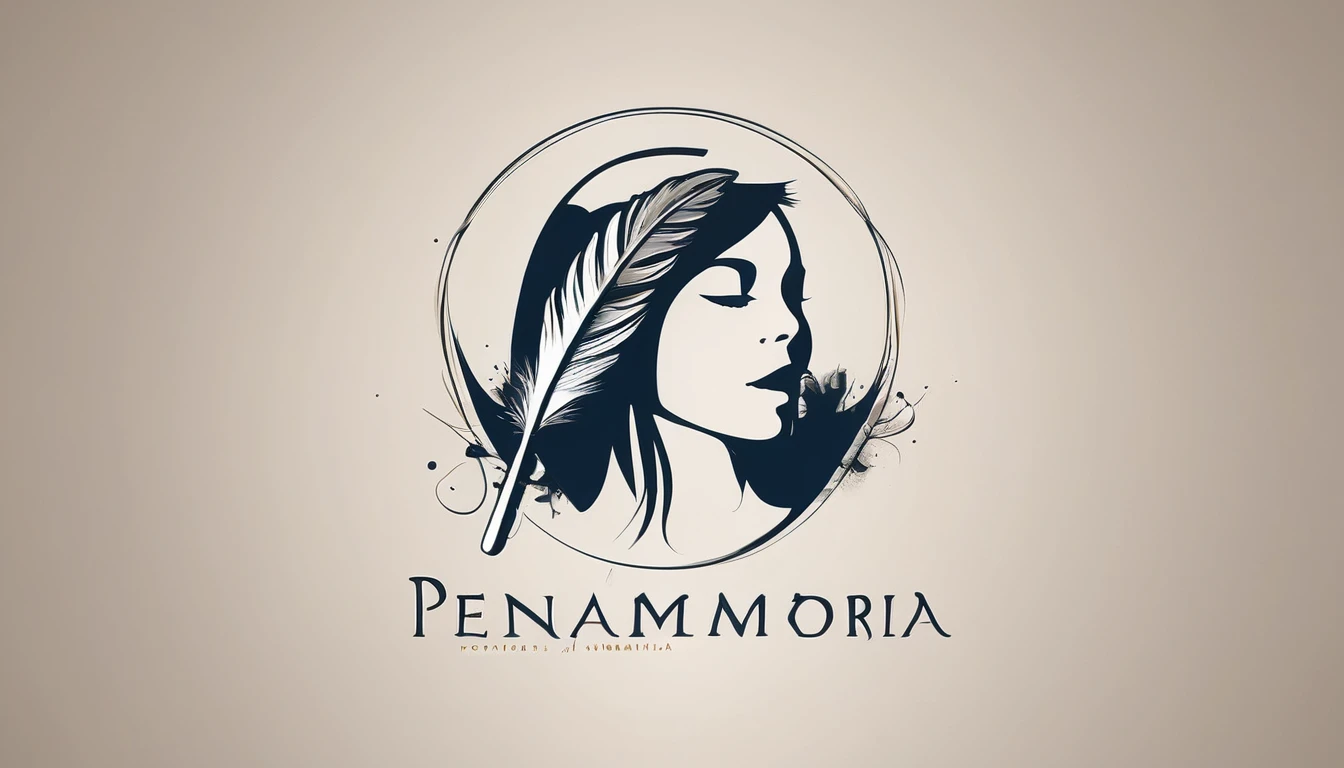 Create a modern, minimalistic logo design for a brand about music and dreams called " Penamemoria" . The logo must be in minimalistic style and convey a sense of storytelling, music and dreams. The logo of a special, unique, memorable, captivating feather. Half of the feather is the face of a boy guitarrist, and the other half is a feather of memories