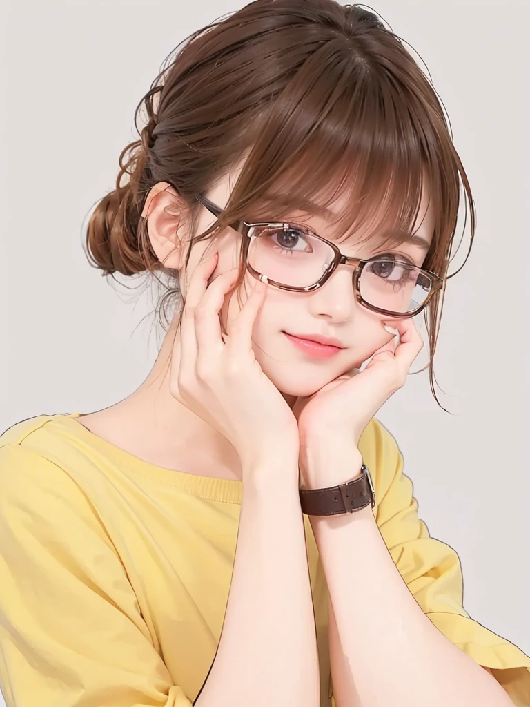 1girl, masterpiece, high_quality, yellow_shirt, glasses, brown_hair
