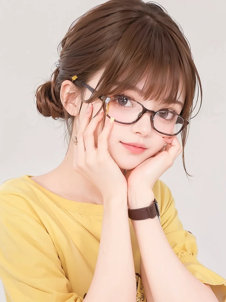 1girl, masterpiece, high_quality, yellow_shirt, glasses, brown_hair
