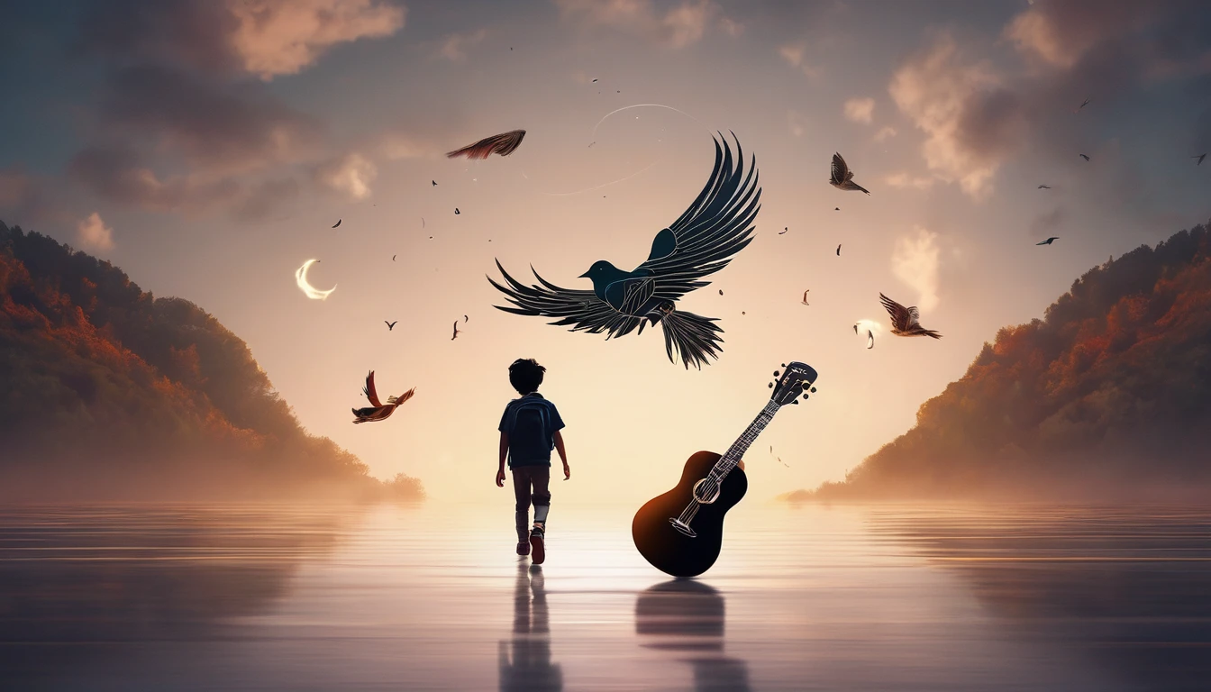 masterpiece, 4k, sharp focus, highest quality,wide shot. Imagine a Youtube Banner cover that conveys a sense of nostalgia, dreams, memories and storytelling. The title of the Banner is " Penamemoria". Is for a brand created by Rafael Figueiras about the creative, unique journey of a boy into becoming a musician storyteller. In his journey he finds a magical feather and a dreamy bird. Minimalistic, modern, dreamy logotype in the center of the image. Logo design of half a feather, half a bird in the center of the image. Boy running with an acoustic guitar in his right hand
