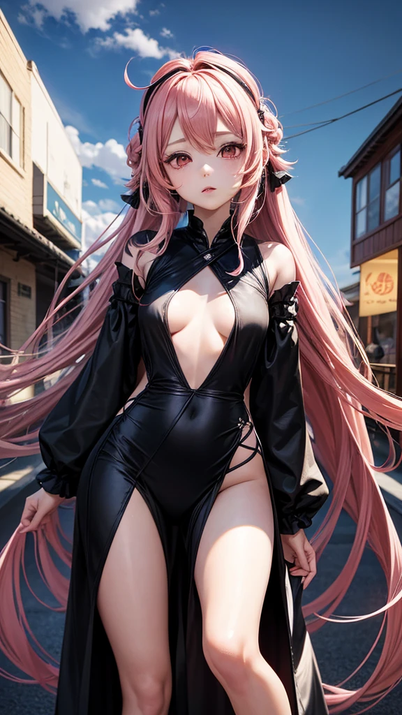 Inori was a beautiful girl with light pink hair that changes to hot pink and is tied into braids, she tied her hair with two tubes and had a small red barrette on the left side of her face. Inori had red eyes, she was about 166 cm tall and had small glossy lips. She looked very fragile, had a very slender figure and slender legs. She also wears a long black dress with white lining at the bottom and red ribbons at the bottom.