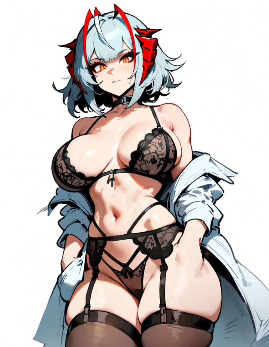 1girl, W \(arknights\), arknights \\\\\ masterpiece, best quality, very aesthetic, absurdres, newest \\\\\\ slim body,///// ,by nyantcha,cutesexyrobutts , by khyle,,////// ,,solo,, , ,,detailed face, , ,, , , , , beautiful face, (white background:1.2), , sexy, , orange eyes, , , rating:nsfw,,big tits,), in the center of the frame,,short hair, ,lingerie garter belt,, black openwork bra, wears a lab coat, hands in pockets