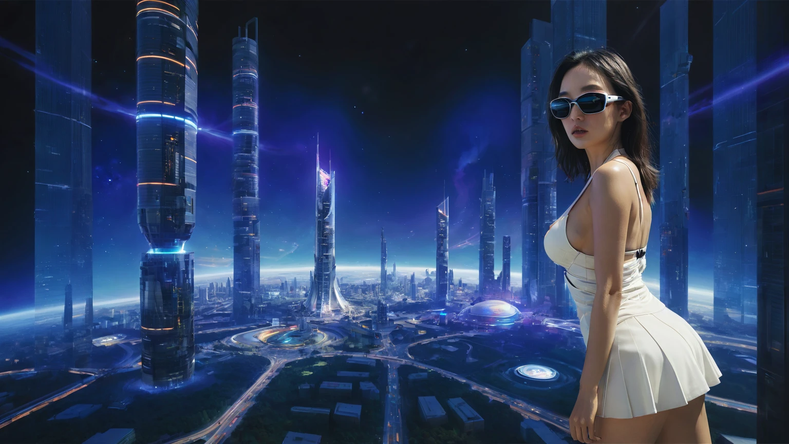 Brightly colored abstract aerial view image of a futuristic railway station with a spiral, a (((((futuristic all-glass train))))) passing by, epic beautiful space sci-fi, chaotic cinematic space rift, Greg Beeple, planets colliding, Beeple and Tim Hildebrandt, Beeple and Jean Giraud, end of the universe, (((((giant abstract sculpture))))), galaxy space sci-fi, ringworld, by Mike "Beeple" Winkelmann. Matrix style, (((((Matrix cascading code))))), (((((a futuristic twin tower skyscraper with a unique twisted design))))), (((((OLED GUI interfaces in the building))))), at night, (((((1girl, solo))))), photo realistic, (((large-breast:1.1 slim body, cleavage:1.4))), (((off broken mini sling-shirt and black sling bra, extreamly short pleated miniskirt exposing panty))), (((((running pose))))), (((((((matrix style black micro sunglasses))))))), ((((((((((aiming with a short gun)))))))))), (((((looking at camera))))), (((very low view))), (((((half-body thigh level medium shot))))), (((cinematic lighting))).