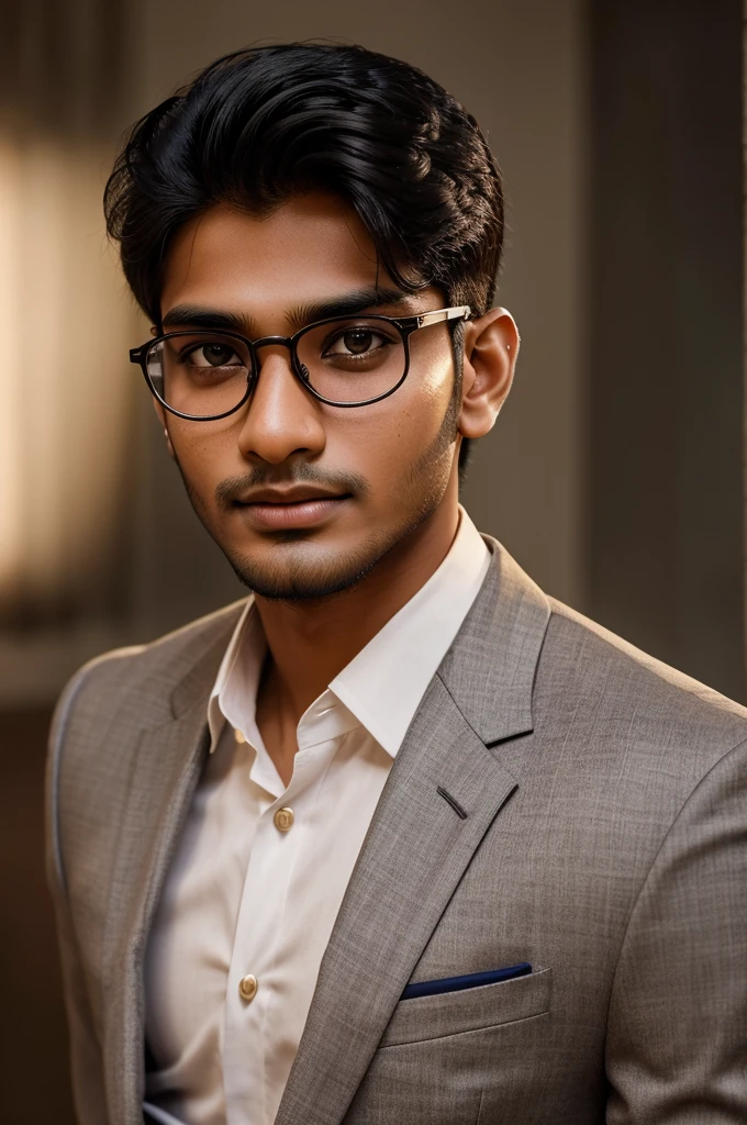 a handsome 21 year old indian man with fair skin,wearing spectacles,narrow body,formal attire,posing for a linkedin profile picture,highly detailed face and eyes,sharp focus,photorealistic,cinematic lighting,warm color tones,professional studio shot