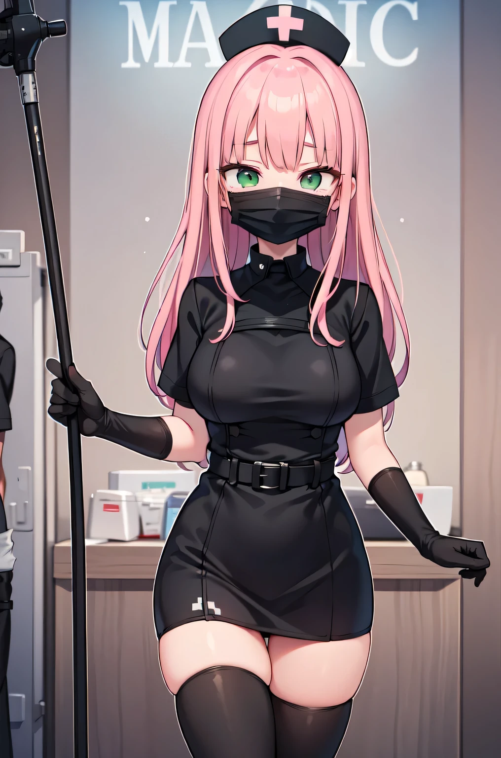 black nurse, 1woman, solo, black nurse cap, black nurse uniform, ((black legwear, zettai ryouiki)), black elbow gloves, pink hair, green eyes, drooping eyes, ((black surgical mask, covered nose)), standing, ((surgery room)), sharp outline, short sleeves, mature female, 32 years old, best quality, masterpiece