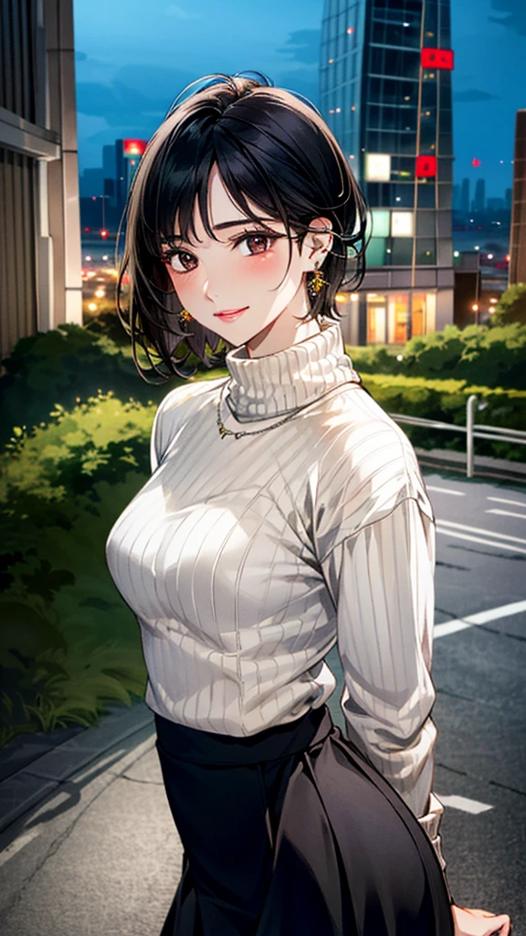 (masterpiece:1.3, Highest quality, Ultra-high resolution, Super detailed), (Realistic, photoRealistic:1.4), Beautiful illustrations,  (Natural Side Lighting, Cinema Lighting), colorful, Depth of written boundary, 
Beautiful detailed hair, Beautifully detailed face, Beautiful fine details, Beautiful clavicle, Beautiful body, 美しいLarge Breasts, Beautiful thighs, Beautiful feet, Beautiful fingers, 
View Viewer、Front view:0.6, Beauty1人, Japanese, Beauty、30 years old, Perfect Face, (Perfect ???????, Anatomically correct), Cute and symmetrical face, Baby Face, , Shiny skin, 
(Open Court、Trench coat 1.4), (Turtleneck sweater:1.4), (Long skirt 1.5)
(Black Hair, Short Hair:1.4),  Dark brown eyes, (Large Breasts), Slim body, 
necklace, (Small earrings:1.3), 
(Beautiful views), (night), (city, cityscape in the distance), Standing with good posture, A soft smile、(Smile, Lips parted), 