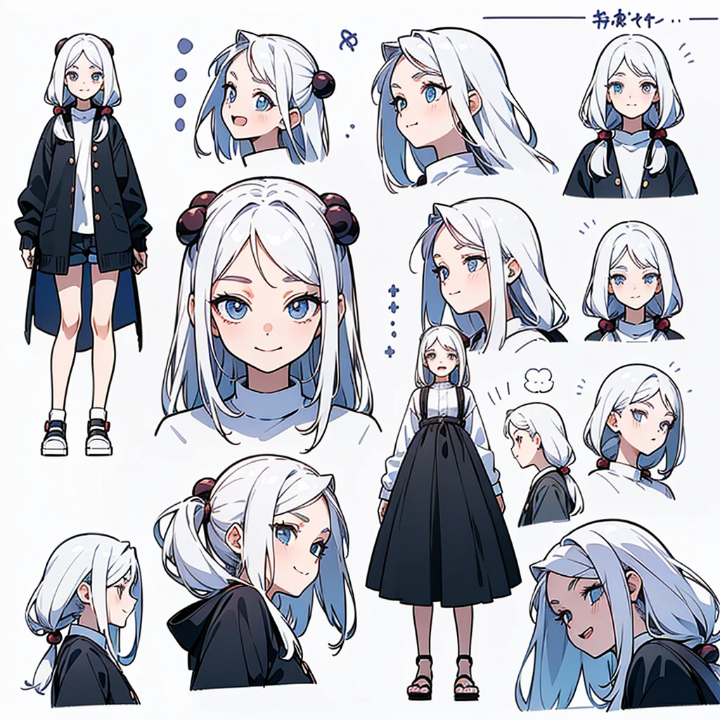 (((full body))),21 years old, white hair girl, Armpit length hair (((smile, Frivolous face, excited face, excited face))) Jeans and tight top, ((Odango hairstyle)) (((Detailed Character Sheet, Front view, Side view, three quarter view))) (((white background)))