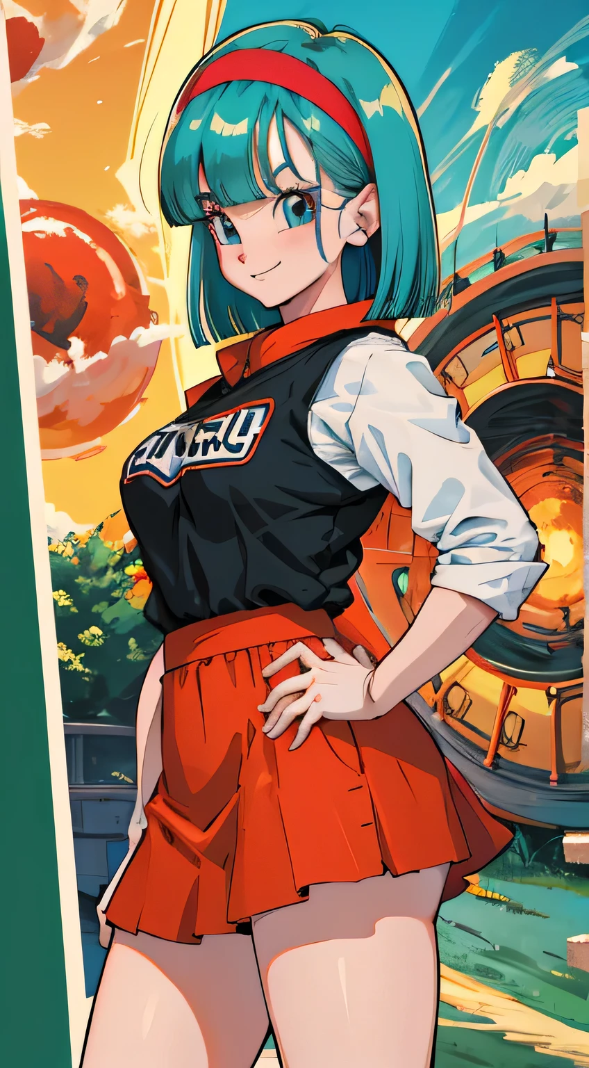 masterpiece, best quality, highres, dragon ball, bulma, aqua hair, medium hair, blunt bangs, red hairband, medium breasts, shirt, skirt, ride on motorcycle, cowboy shot, smile, looking at viewer