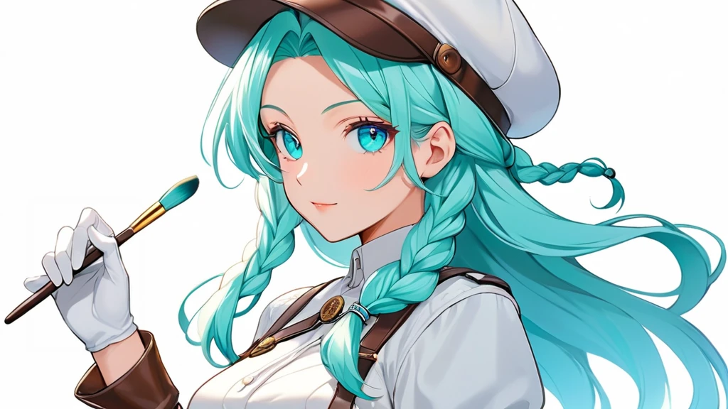 Female, woman, mature, Beautiful, Humble, Kind, long hair upper waist Stright Braided Hairstyles, Aqua blue pupil eyes colour, bright cyan Hairs, leather white wear Newsboy Cap, white dress flowing with skirt, wear leather white female gloves, holding small brush, Anime style, vivid colours, (White backgrounds:1.1), Correct the number of fingers.