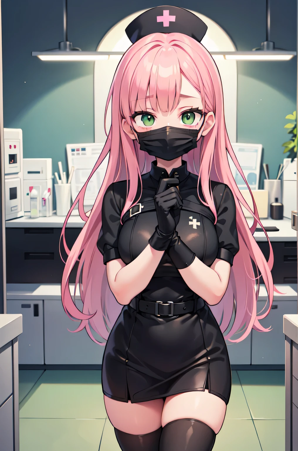 black nurse, 1woman, solo, black nurse cap, black nurse uniform, ((black legwear, zettai ryouiki)), black elbow gloves, pink hair, green eyes, drooping eyes, ((black surgical mask, covered nose)), standing, ((surgery room)), sharp outline, short sleeves, mature female, 32 years old, best quality, masterpiece