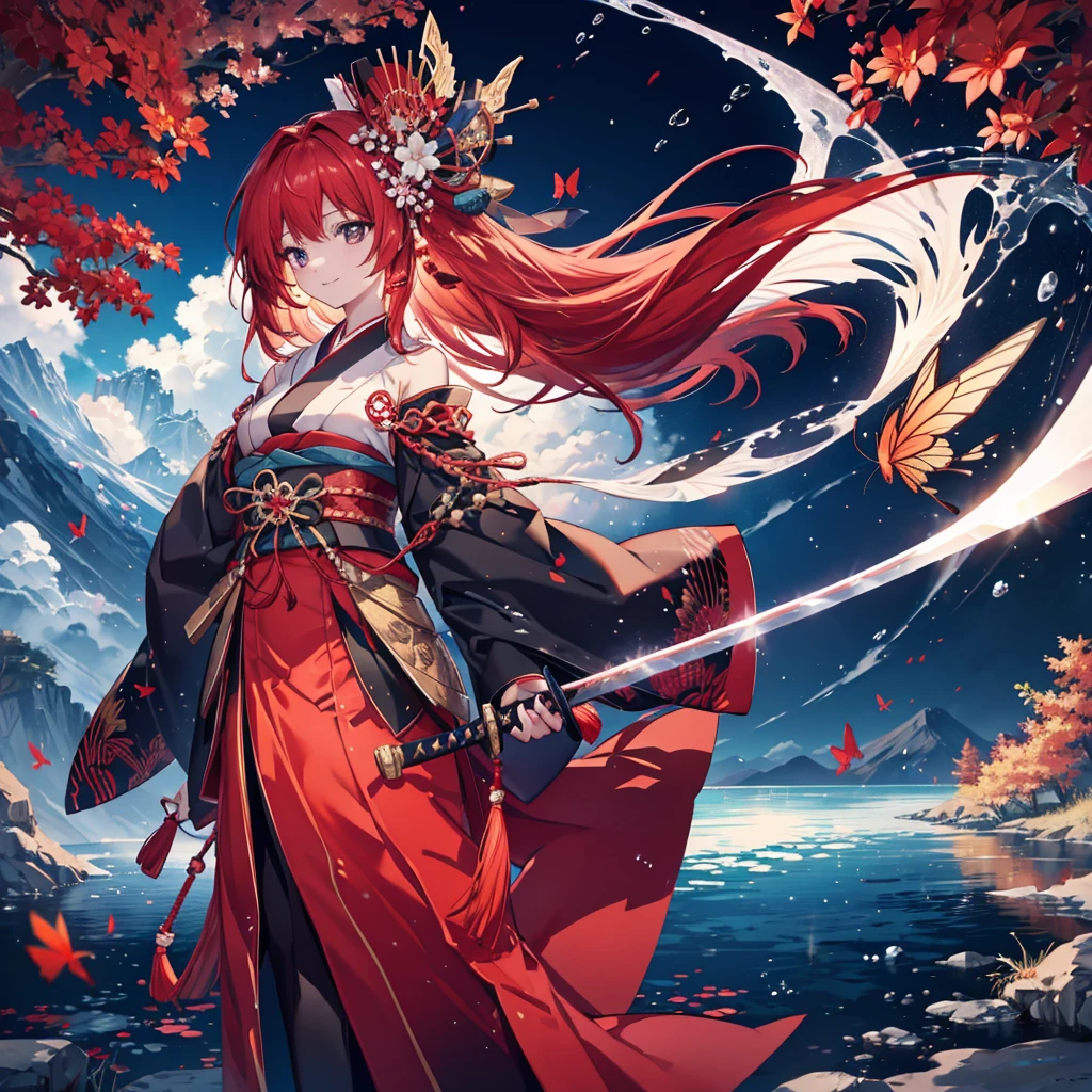 ((High resolution　Redhead　Long Hair　Tie-up hair　Black kimono　red band　Goddess of victory　smile　Standing on the surface of the water))　((Red butterfly　night　Japanese style　shoulder　old　Shining Aura　rain))　(((Grasp the sword　Japanese sword　long blade　Light reflected on the sword)))　((Shining Background　Shining Edge))moon　star　Draw your sword　Slashing　Catch the wind　autumn