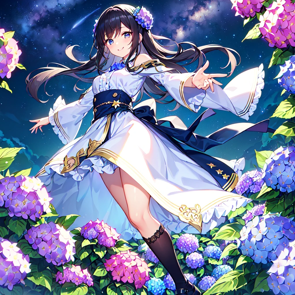 Describe a scene where a cute girl character is lying on a grassy hill, Looking up at the starry sky. Surround her with colorful nebulae and her favorite constellations.