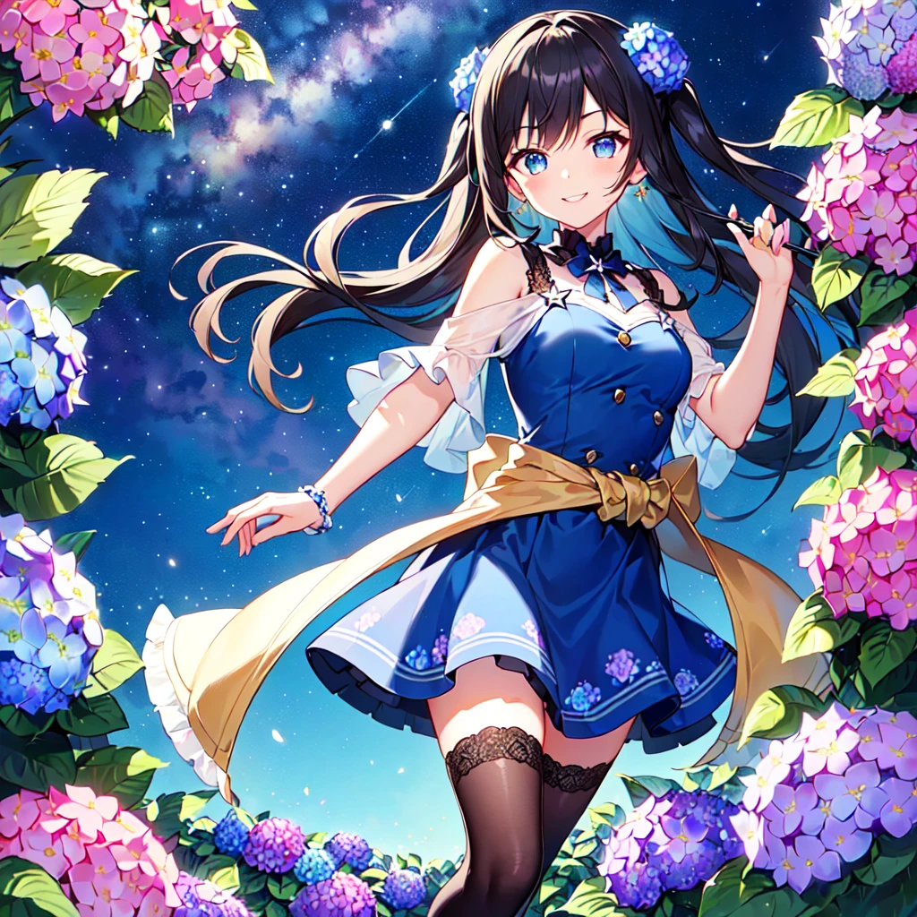 MASTERPIECE, best quality, high quality, extremely detailed, very delicate and beautiful, (1 female 18 years old, solo: 1.2), (dark blue hair long, two side up to waist: 1.4), fringes to eyebrows, eyes Sharp eyes, strong glossy glossy eyes, glossy eyebrows, (dark blue eye colour:1.3), 6.5 head height, (southern star floral print fashion:1.3), knee socks, frills, lace, (smiling), (running), (dynamic pose), (background hydrangea flower field:1.5), (Milky Way in the night sky:1.3).