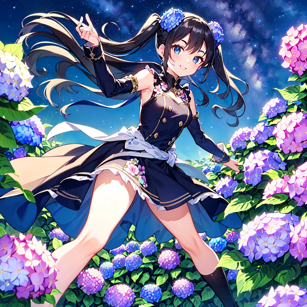 MASTERPIECE, best quality, high quality, extremely detailed, very delicate and beautiful, (1 female 18 years old, solo: 1.2), (dark blue hair long, two side up to waist: 1.4), fringes to eyebrows, eyes Sharp eyes, strong glossy glossy eyes, glossy eyebrows, (dark blue eye colour:1.3), 6.5 head height, (southern star floral print fashion:1.3), knee socks, frills, lace, (smiling), (running), (dynamic pose), (background hydrangea flower field:1.5), (Milky Way in the night sky:1.3).