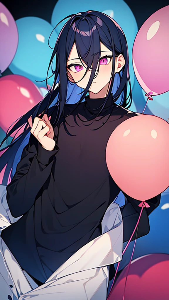 1man-boy,dark blue hair long,best quality,masterpiece,extremley,pink eyes,male focus, Cold eyes, make a head hands, wink, floating balloons leaves in background.