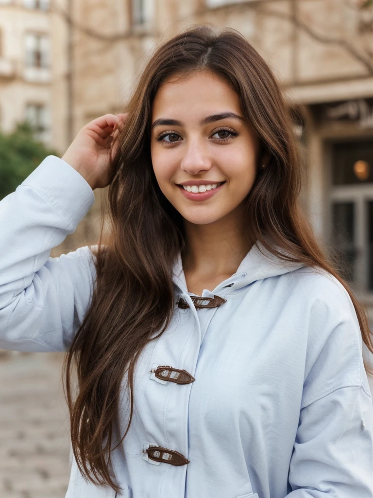 one cute women, 20YO, white, Arab, cute face, realistic brown eyes, blue jacket, brown hair, cute smile, skinny face, white realistic teethes, big eyes, long hair