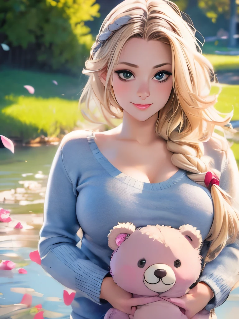 1girl walking on the river, mix4, sweater, pillow, lips, open_mouth, realistic, photo_(medium), solo, stuffed_animal, stuffed_toy, teddy_bear,(masterpiece),(photorealistic:1.3), ultra-detailed, (high detailed skin:1.2),(best quality:1.0), (ultra highres:1.0), (ulzzang-6500:0.3), wavy detailed hair, long hair, sunshine, (beautiful detailed makeup), (sexually aroused blushing heavy breathing:1.0), floral theme flower petals scattered, (soft glow bloom:0.5)