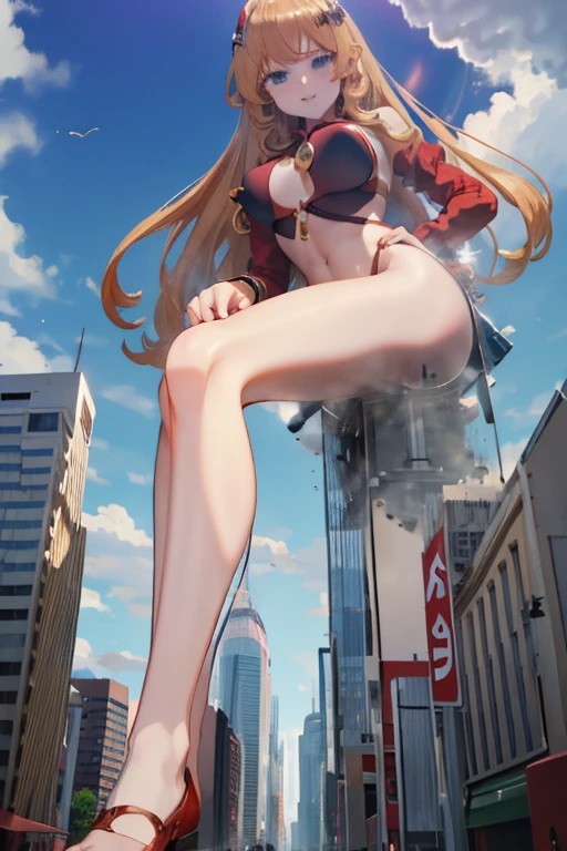 GTS, giantess, Giant Girl 50,000 km high,Have a pair of long legs,very long legs, Have a pair of huge breasts,Wearing a red bikini,Waist length blonde hair,Loose hair,Wear a pair of Mary Janes,Blonde curly hair,full of enjoyment,Stand still in a crowded city, vandalism,It seems to be an invincible existence,beautiful appearance,Sophisticated makeup,quality,8K,High quality,(Governor:1.5),Perfect proportion, theater lighting,film grain,Fuji Colors,8K,textured skin,Super detailed,high detail,high quality,High resolution,Fake laugh,morning,Perfect body ,Full body image