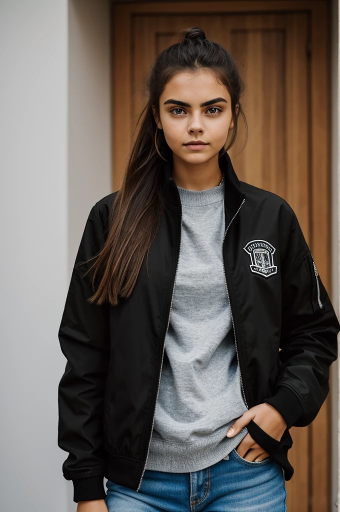 photograph of a 20 year old woman, cara perfecta, Obra maestra, Bien, ropa interior, negro_Bien, Chaqueta, negro_bragas