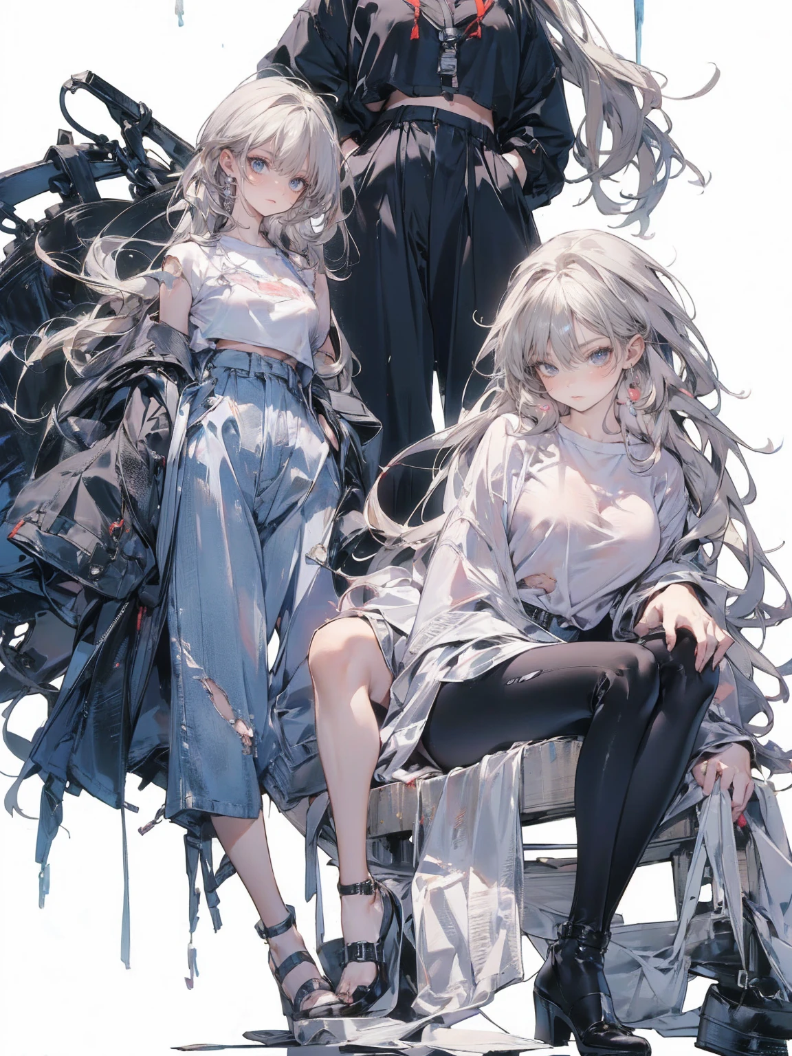 (((unique look:1.5, The eyes of famous artists, Unique Fashion)))、Pink Hair　(White Hair Girl), (Thick, dark blue eyebrows:1.4), (Dark blue eyebrows:1.7), (Thick eyebrows:1.3), (Huge black fluffy animal ears:1.1), (Black animal ears:1.1), break, (((Mesh Stitching Crop T-Shirt, Cutout Long Sleeve Top))),break, (Big Breasts:1.2, Thick legs, Adult female body, Sturdy body:1.5), ((Relax in the great outdoors:1.5)), (sharp eyes, Ultra-high definition CG, Precisely designed costumes, 4k, 8k, Ultra-high definition CG, Precisely designed costumes, Clear lines, Expressive and Captivating Eyes, Fine Details and Realistic Textures, cinematic lighting), ((white background)), break, (Wearing black leggings with holes), Skinny sleeves, (Torn and holey leggings:1.2)(Black leggings:1.4), (Punkish Boots:1.2), (Thick sole:1.5), (Big shoes:1.3), ((unique look:1.5, The eyes of famous artists))　
