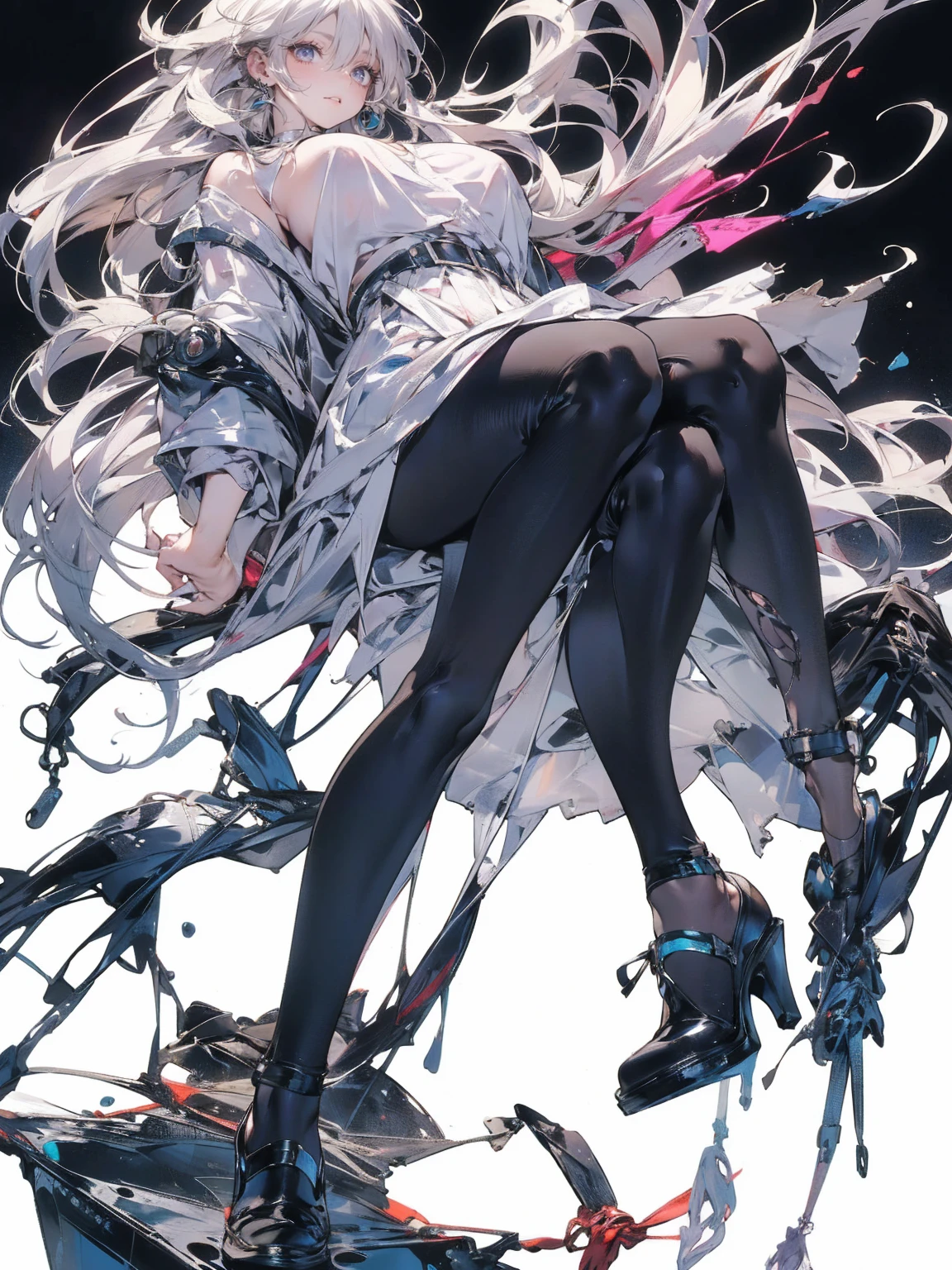 (((unique look:1.5, The eyes of famous artists, Unique Fashion)))、Pink Hair (White Hair Girl), (Thick, dark blue eyebrows:1.4), (Dark blue eyebrows:1.7), (Thick eyebrows:1.3), (Huge black fluffy animal ears:1.1), (Black animal ears:1.1), break, (((Mesh Stitching Crop T-Shirt, Cutout Long Sleeve Top))),break, (Big Breasts:1.2, Thick legs, Adult female body, Sturdy body:1.5), ((Relax in the great outdoors:1.5)), (sharp eyes, Ultra-high definition CG, Precisely designed costumes, 4k, 8k, Ultra-high definition CG, Precisely designed costumes, Clear lines, Expressive and Captivating Eyes, Fine Details and Realistic Textures, cinematic lighting), ((white background)), break, (Wearing black leggings with holes), Skinny sleeves, (Torn and holey leggings:1.2)(Black leggings:1.4), (Punkish Boots:1.2), (Thick sole:1.5), (Big shoes:1.3), ((unique look:1.5, The eyes of famous artists))