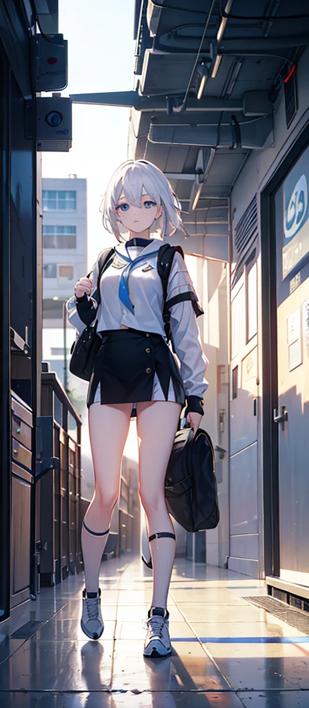 a beautiful young girl with medium-sized br easts, white hair, wearing a backpack,cinematic lighting, pho torealistic, extremely detailed, 8k, high resol ution, best quality, masterpiece，Blue Eyes，Sci-fi style，Fighter Girl