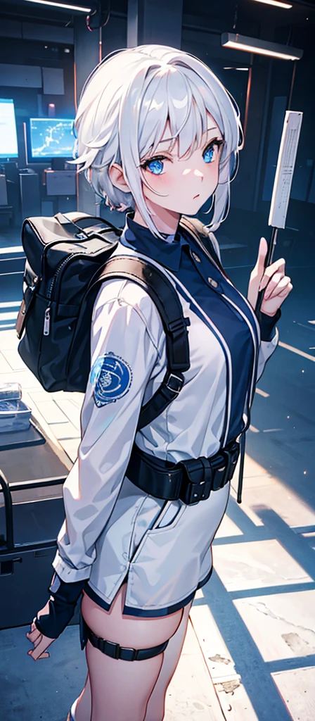 a beautiful young girl with medium-sized br easts, white hair, wearing a backpack,cinematic lighting, pho torealistic, extremely detailed, 8k, high resol ution, best quality, masterpiece,Blue Eyes,Sci-fi style,Fighter Girl