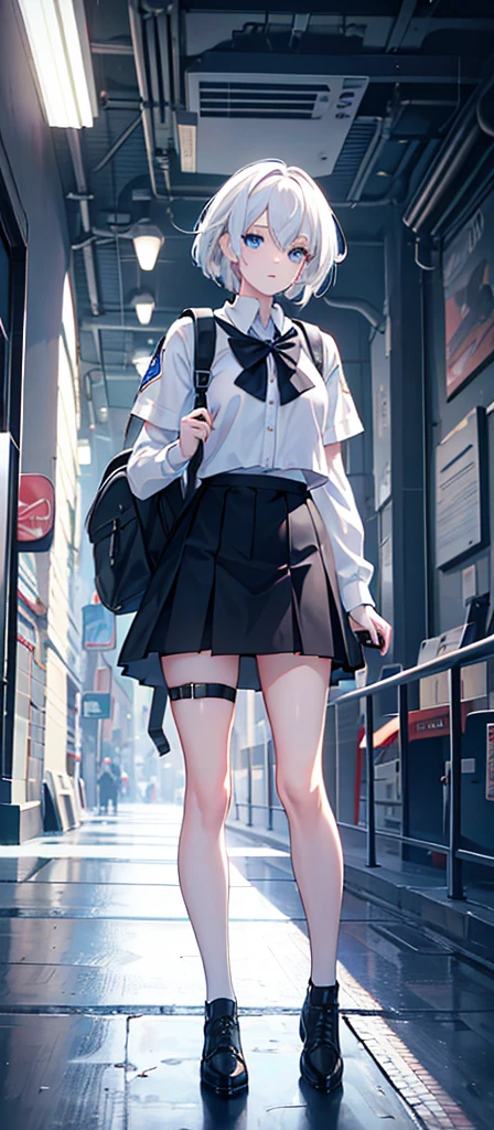 a beautiful young girl with medium-sized br easts, white hair, wearing a backpack,cinematic lighting, pho torealistic, extremely detailed, 8k, high resol ution, best quality, masterpiece，Blue Eyes，Sci-fi style，Fighter Girl