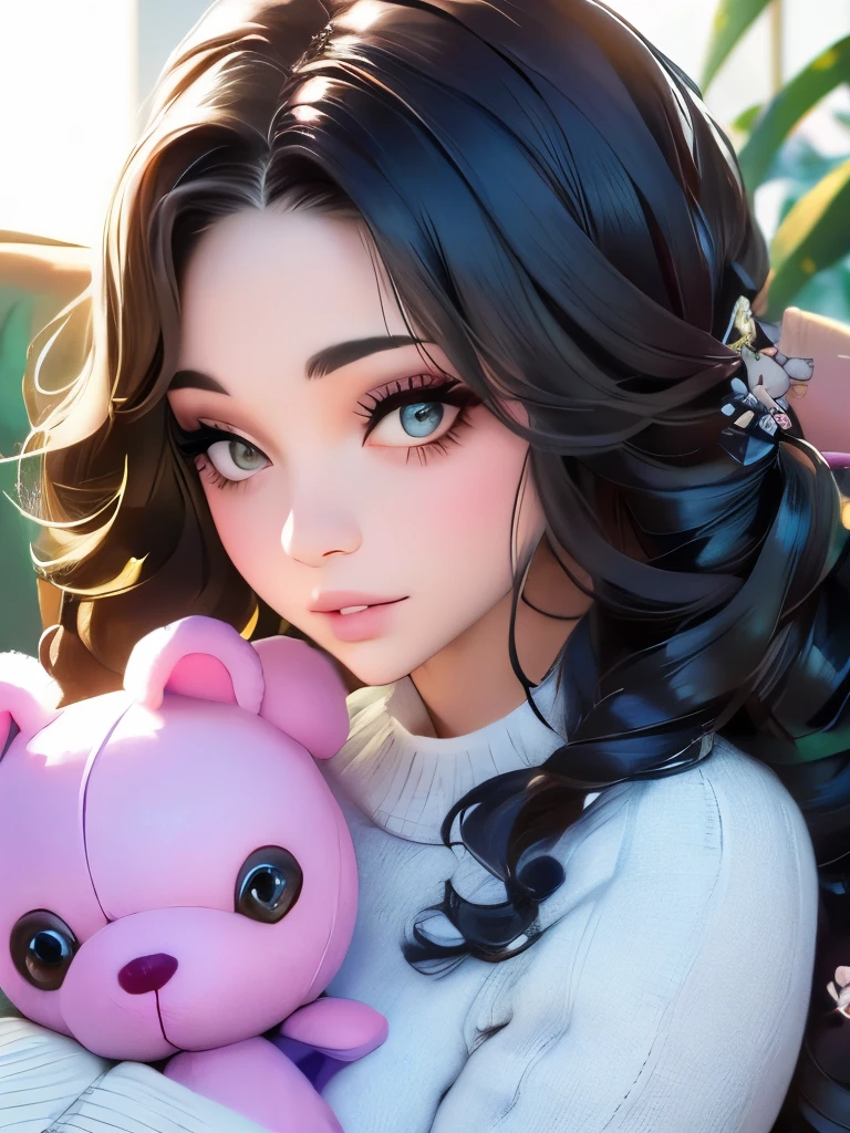 1girl walking on the river, mix4, sweater, pillow, lips, open_mouth, realistic, photo_(medium), solo, stuffed_animal, stuffed_toy, teddy_bear,(masterpiece),(photorealistic:1.3), ultra-detailed, (high detailed skin:1.2),(best quality:1.0), (ultra highres:1.0), (ulzzang-6500:0.3), wavy detailed hair, long hair, sunshine, (beautiful detailed makeup), (sexually aroused blushing heavy breathing:1.0), floral theme flower petals scattered, (soft glow bloom:0.5)
