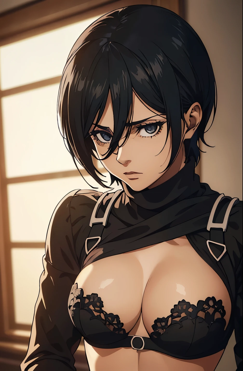 mejor calidad,8k,high resolution,obra maestra:1.2), (ultra detallado), (sin ropa) (NSFW not safe for work art), (Mikasa ackerman) (Attack on Titan season 4 setup), (pose sexual), (realista,photorealista,photo-realista:1.37), (hdr,HD), (retrato), (vivid colors), (Piernas largas), (cara claramente alargada), (Hermosos ojos detallados), (ojos negros profundos), (hermosos labios detallados), (ojos y rostro extremadamente detallados), tatuaje en el hombro, bright eyes Dynamic angle and posture, empapado en sudor, perspiration, undressing (long eyelashes), (cabello corto between eyes color negro), (Sharp focus), (physically based rendering), (sin ropa), (senos grandes) (abierta las piernas), (intense), (expression of intense desire), (Desenfoque de movimiento), (elegante), (Figura delgada), (inspirado en anime), (luces brillantes), (sexual), (colores contrastantes), (ambiente misterioso), (action packed scene), (Unique style), (llamativo), (Apuesto), (evocador), (expresivo), (Intriguing atmosphere), (pechos gigantes:1.2) ((mejor calidad)),((muy detallado)),obra maestra,absurdos,cara detallada,hermoso rostro,(ojos detallados, ojos profundos),(1 chica),((dynamic pose)),