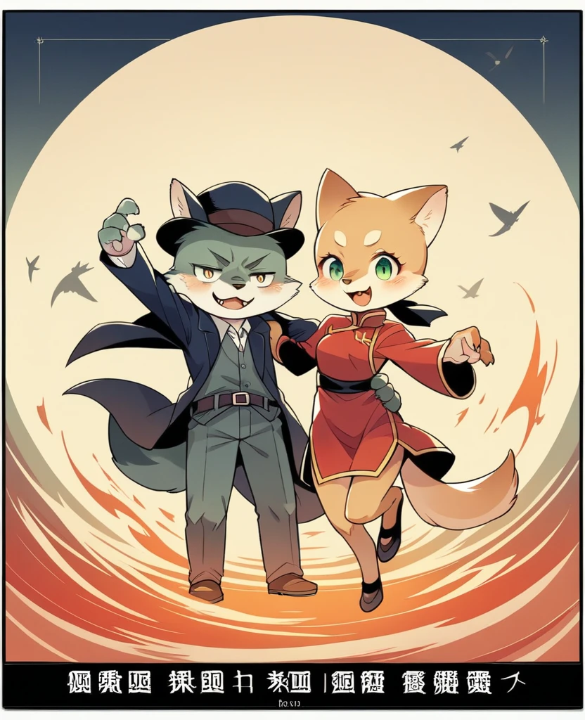 movie poster, movie artwork, concept art of love, romance novel cover, highres, top quality, best quality, perfect artwork, absurdres, perfect anatomy(couple, young 1male detective, 1woman in Chinese dress)(furry, kemono, anthro))with some elements of 007, battle,