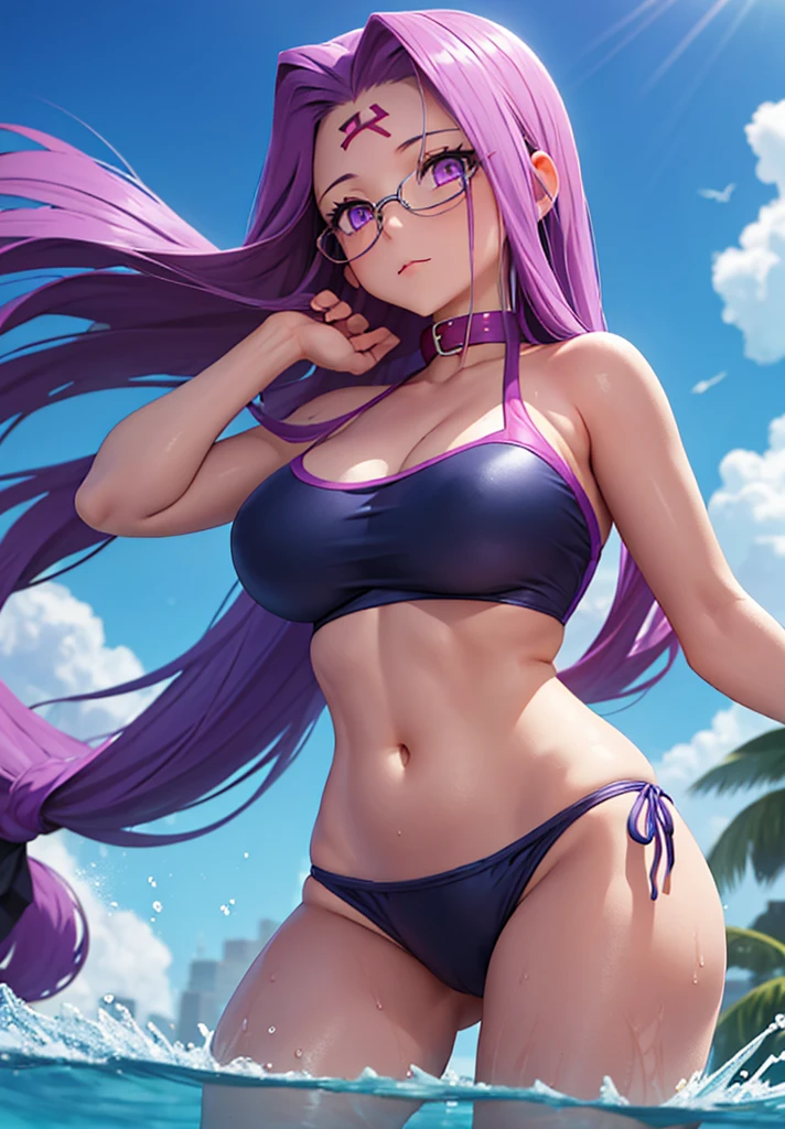 1girl, best quality, masterpiece, high resolution, solo, {blue school swimsuit:1.40}, {short school swimsuit:1.20}, {medusa_fgo:1.15}, long_hair, purple_hair, very_long_hair, purple_eyes, breasts, big_breasts, swimming pool, pool, de pie, school swimsuit.