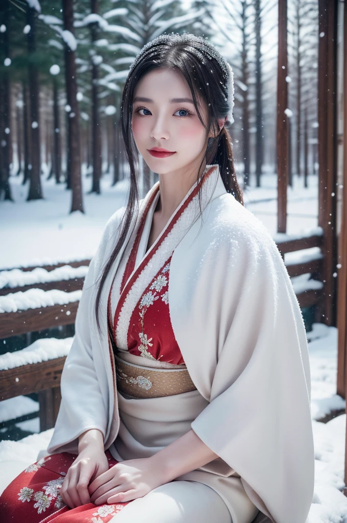 (realism), (Top image quality), (Ultra-high resolution), 8K, Original Photography, (masterpiece), (From head to calves:1.5)、(Best quality details),1 girl、Very detailed、High quality textures、Intricate details、Very detailed的CG、High quality shadows,Depth of Field、Ray Tracing,joy,sit down,charming, Slender, (Red gorgeous kimono),(Beautiful flower kimono),Real hair, Ultra-realistic skin texture, Dynamic poses,(A faint smile),Japanese Garden,(暴风snow,covered with snow,snow,outdoor)